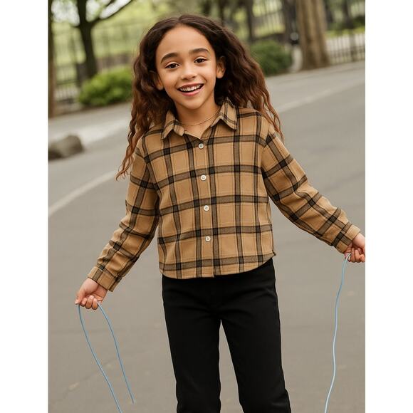 Girls SHEIN Cropped Plaid Button-Up Flannel Shirt Tan/Black – Size 11-12Y - Picture 1 of 4